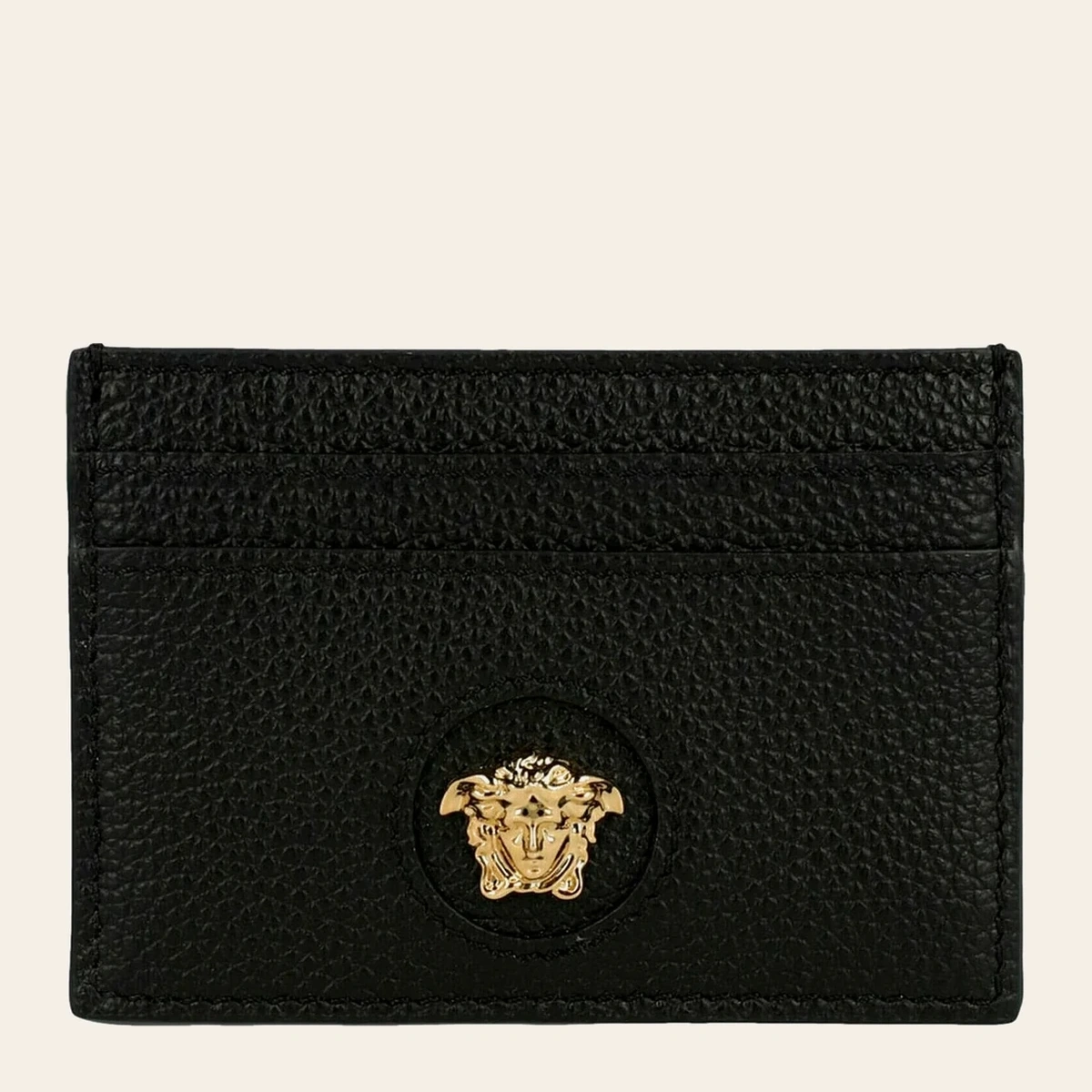 Versace La Medusa Card Holder — Black Pebbled Leather